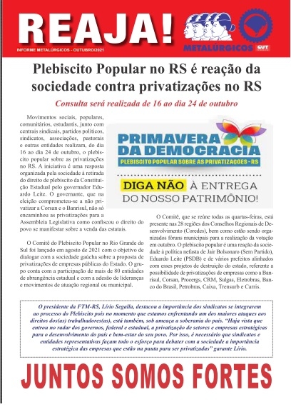 FTM-RS disponibiliza panfleto sobre o Plebiscito Popular contra as privatizações no RS